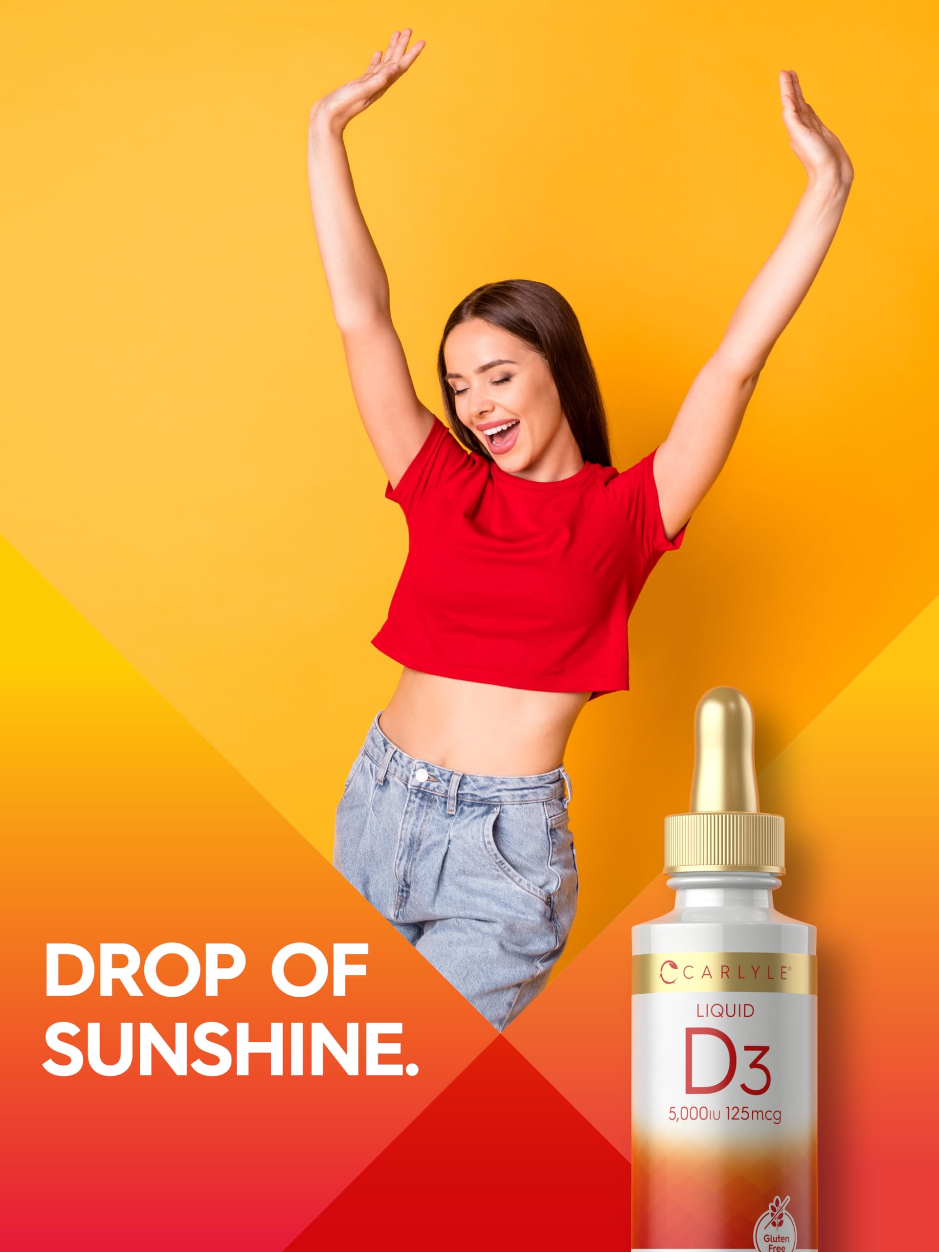 Carlyle Liquid D3 packaging on shelf communicates gluten-free and non-GMO traits.