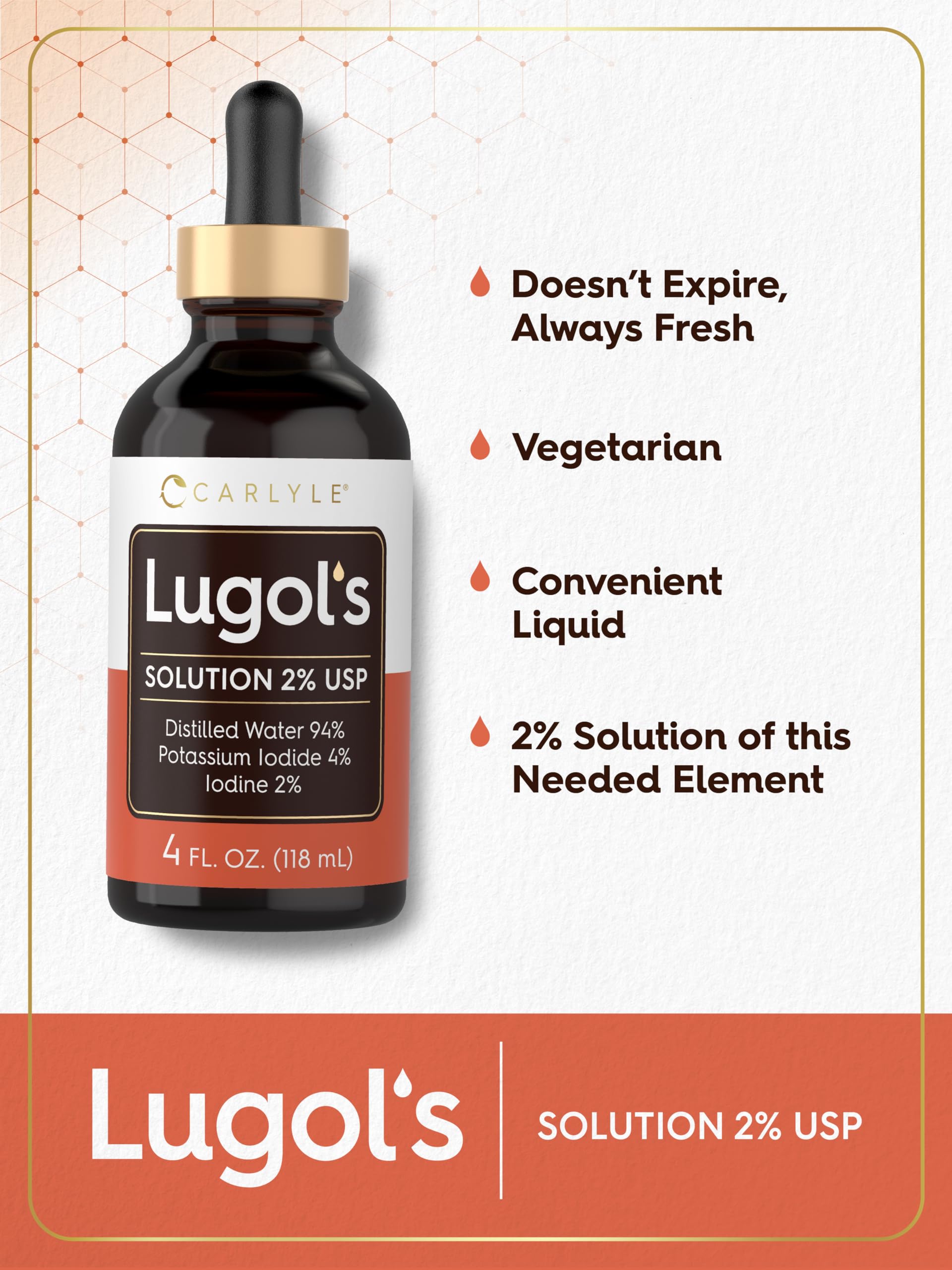 Envase Carlyle Lugols Iodine 2% de 4 oz en estante seguro