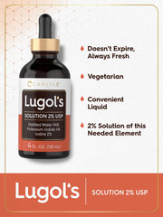 Envase Carlyle Lugols Iodine 2% de 4 oz en estante seguro