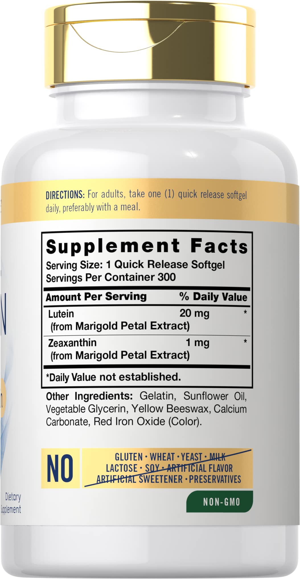 Carlyle bottle back label with per softgel lutein and zeaxanthin amounts