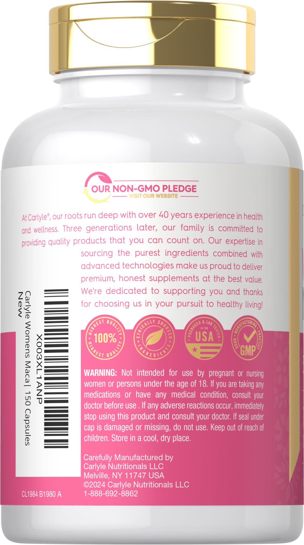 Front packaging of Carlyle Maca Root Capsules with non-GMO and gluten-free labels