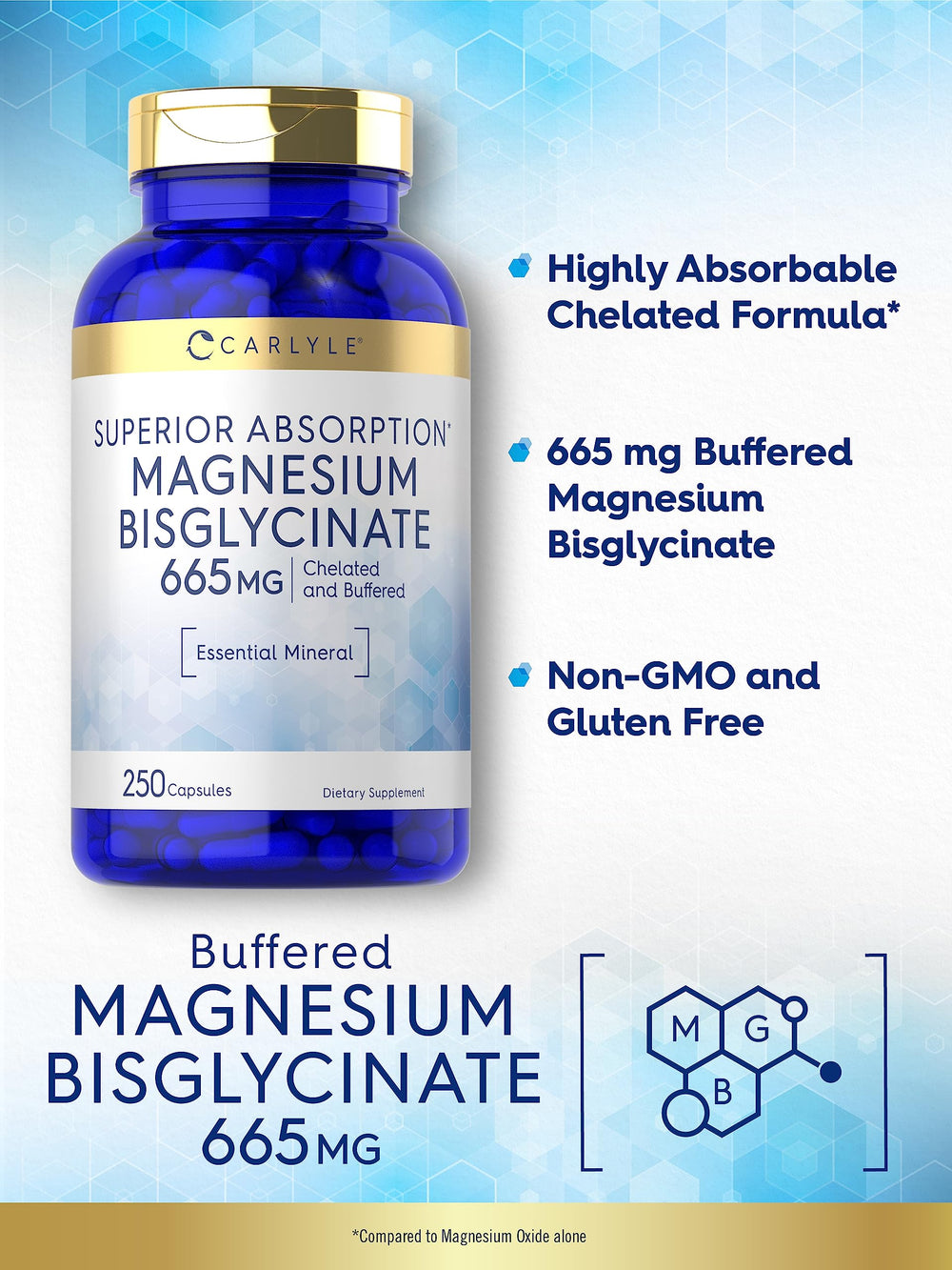 Carlyle Magnesio Bisglicinato 665 mg, fórmula pura verificada en laboratorio.