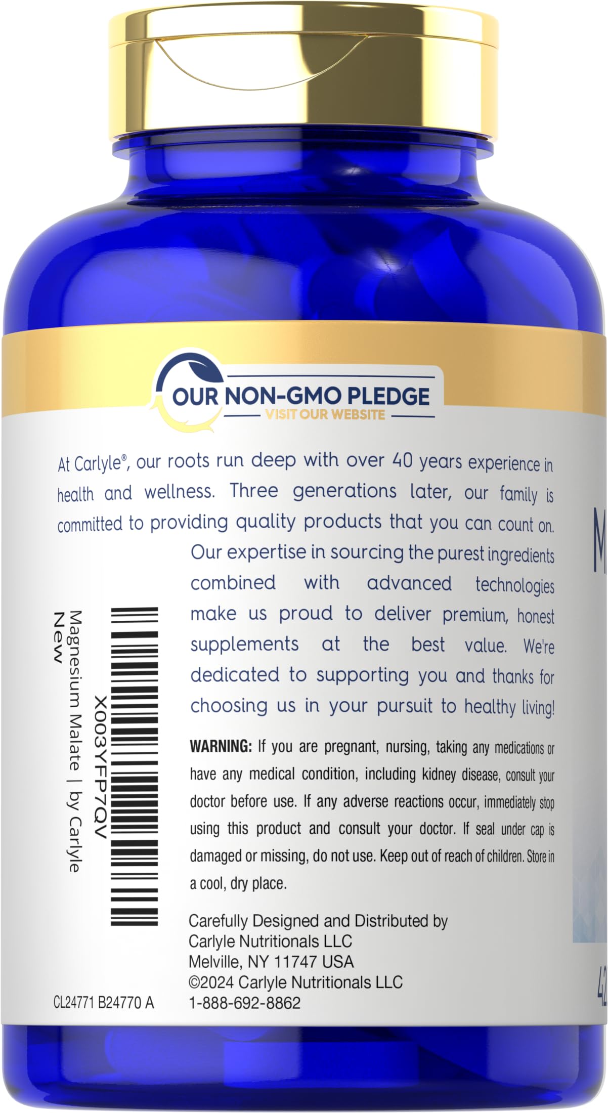 Carlyle Magnesium Malate label with nutrition facts and 1800 mg per serving.