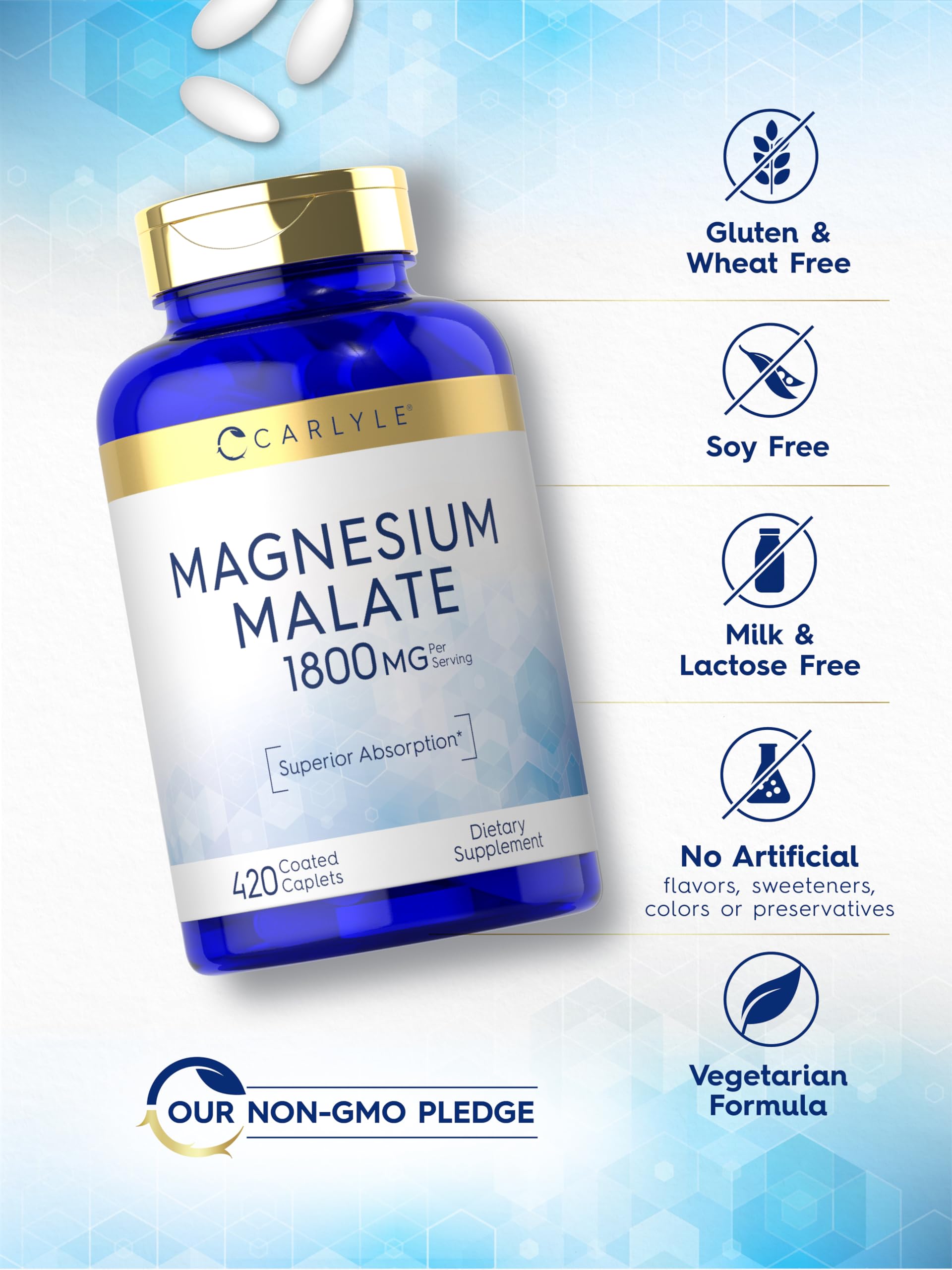 Carlyle Magnesium Malate non-GMO mark indicating transparent ingredient sourcing.