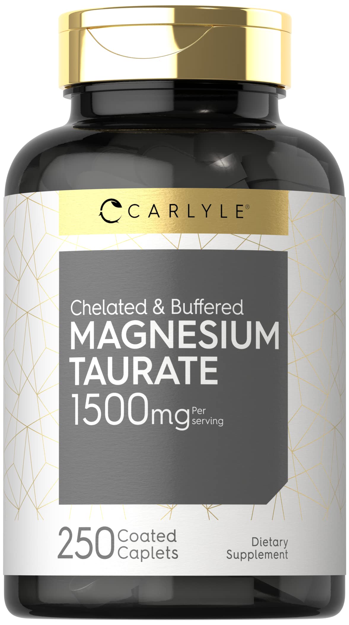 Carlyle Magnesium Taurate 1500mg bottle with buffered caplets for daily wellness.