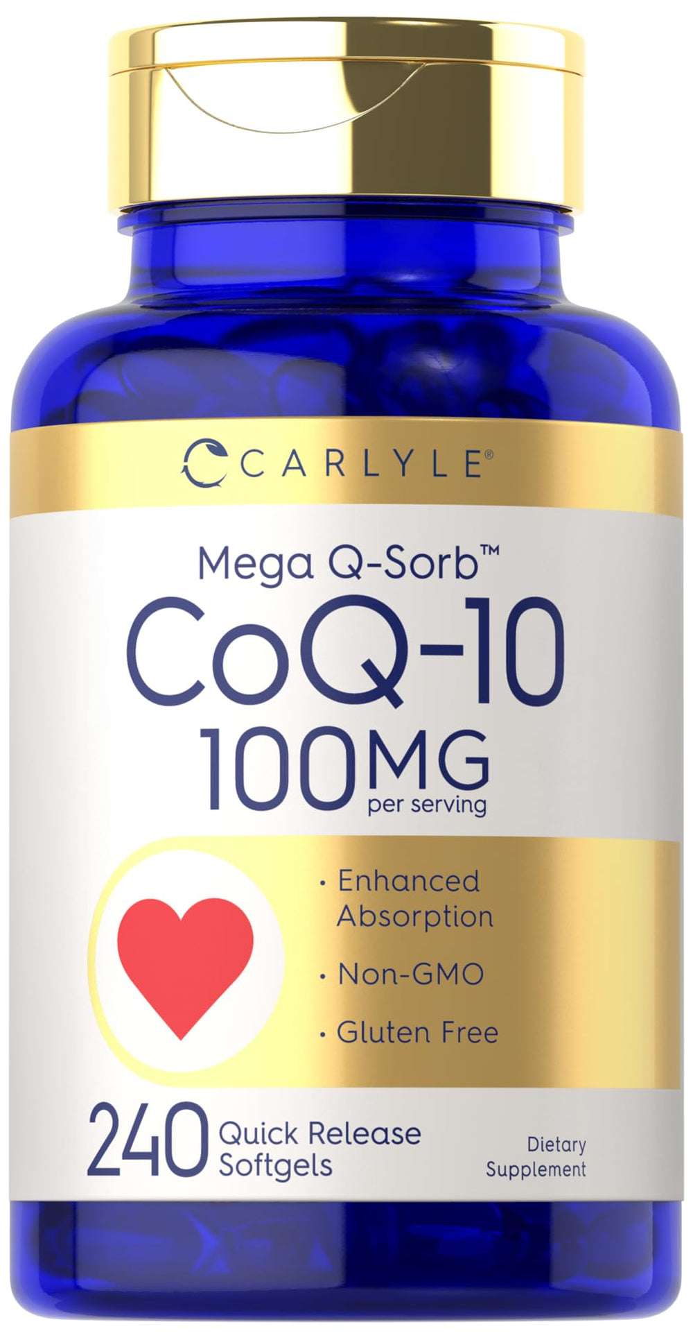 Carlyle Mega Q-Sorb CoQ10 softgels in bottle for daily supplementation.
