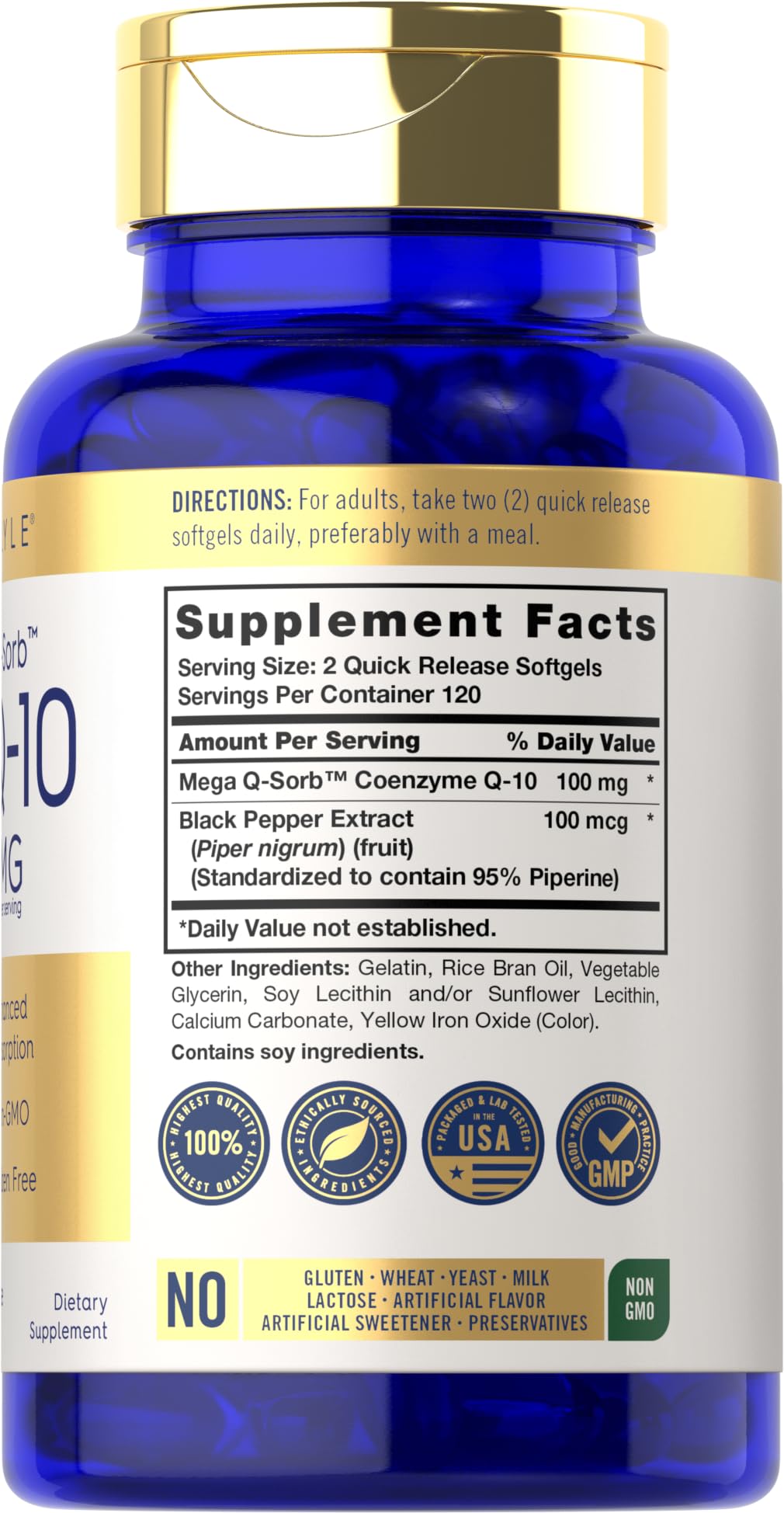 Carlyle Mega Q-Sorb CoQ10 softgels label shows non-GMO and gluten-free features.