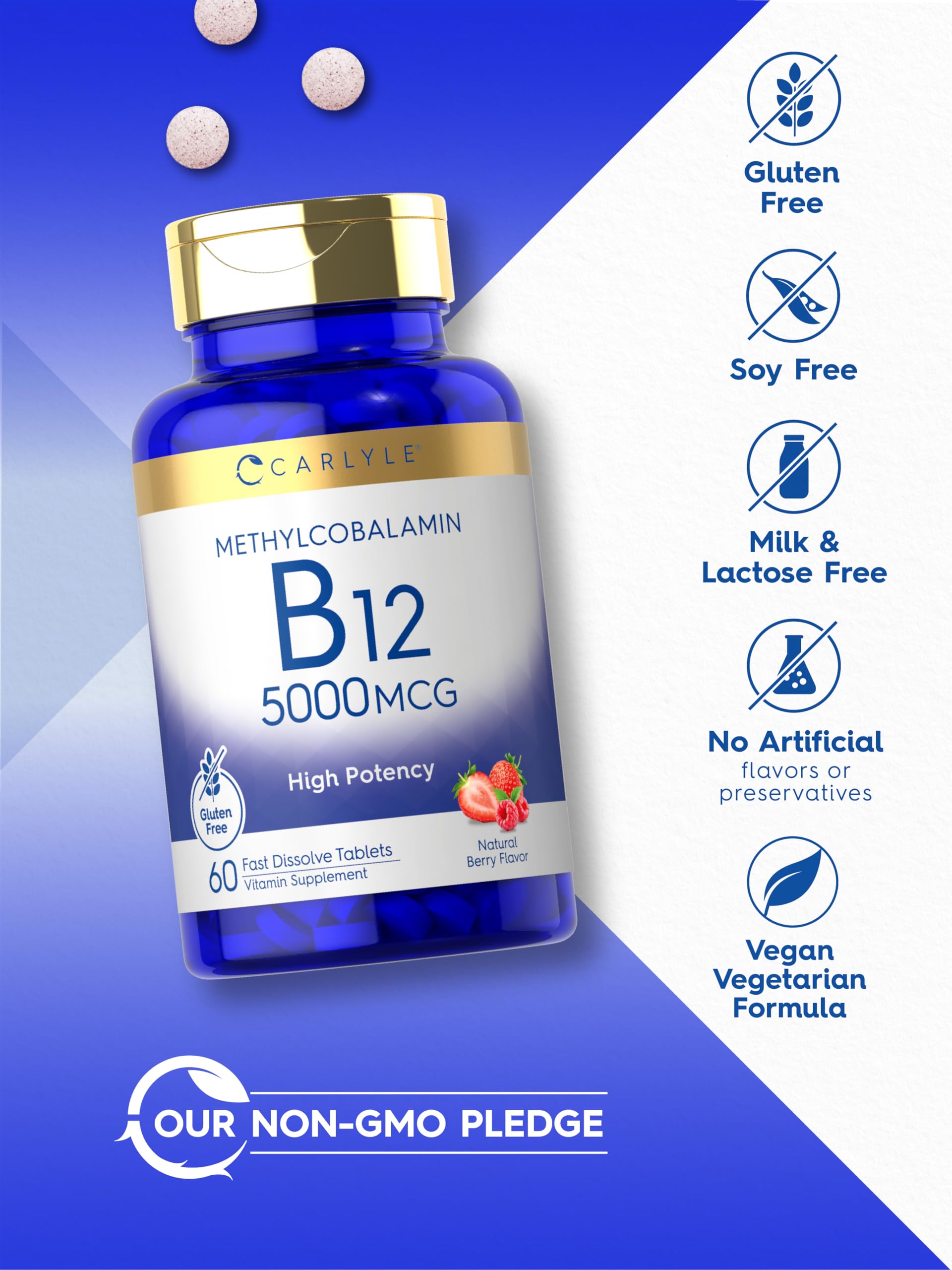 Carlyle B12 Non-GMO label signals purity on packaging.