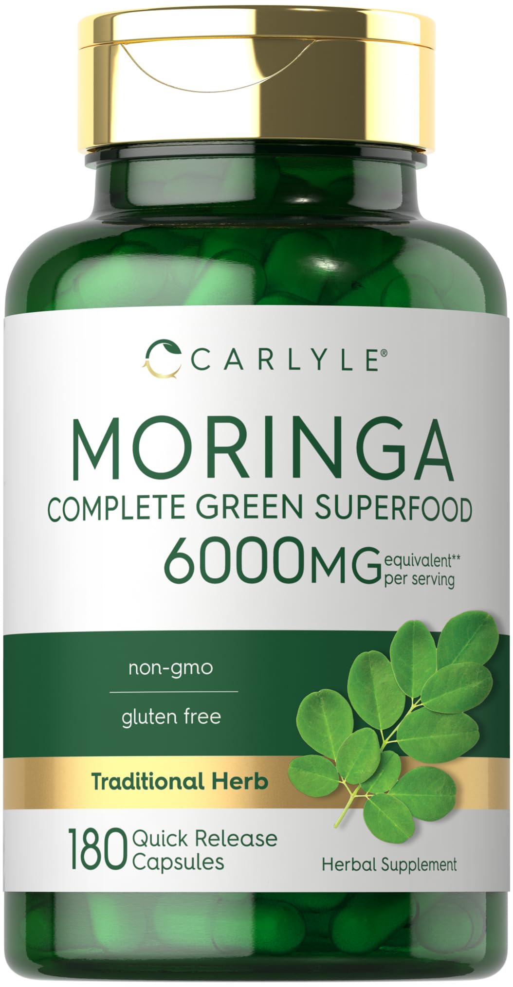 Carlyle Moringa Oleifera bottle with 180 capsules supports daily wellness.