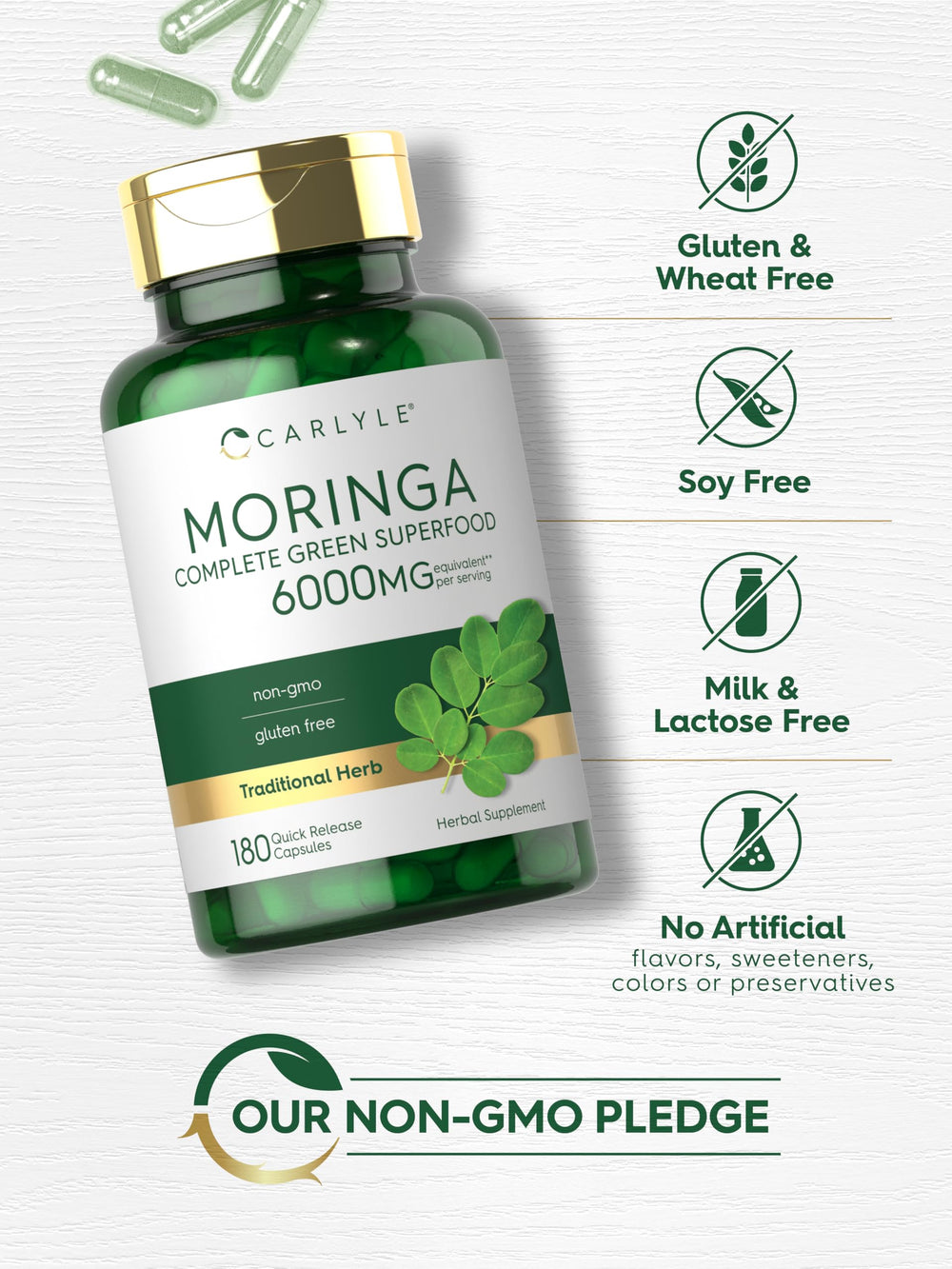 Carlyle Moringa Oleifera gluten-free badge on packaging