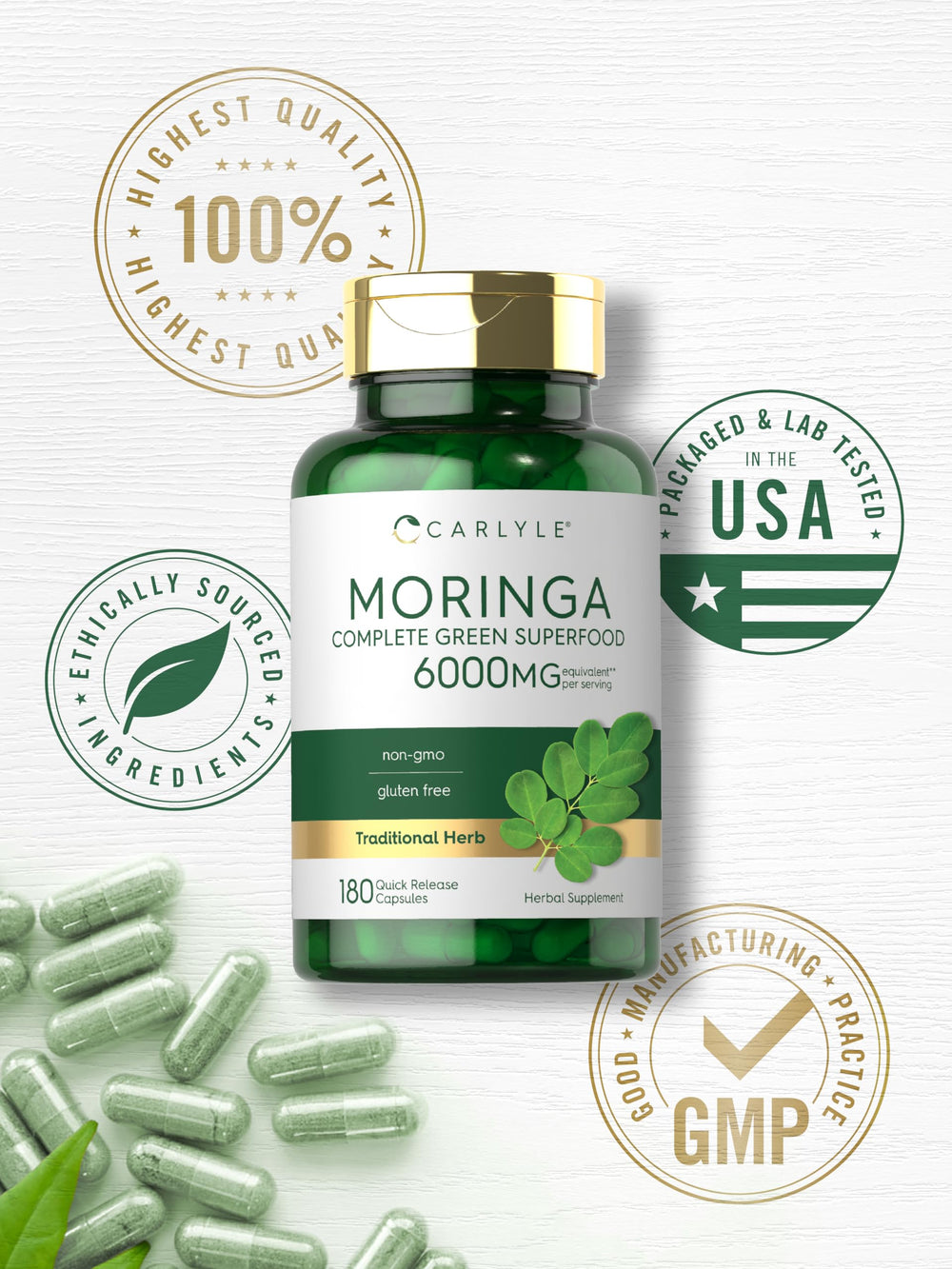 Carlyle Moringa Oleifera leaf powder texture close-up for powder form