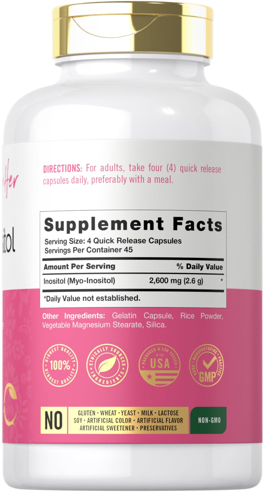 Carlyle Myo-Inositol 2600mg capsules in blister pack for daily use.