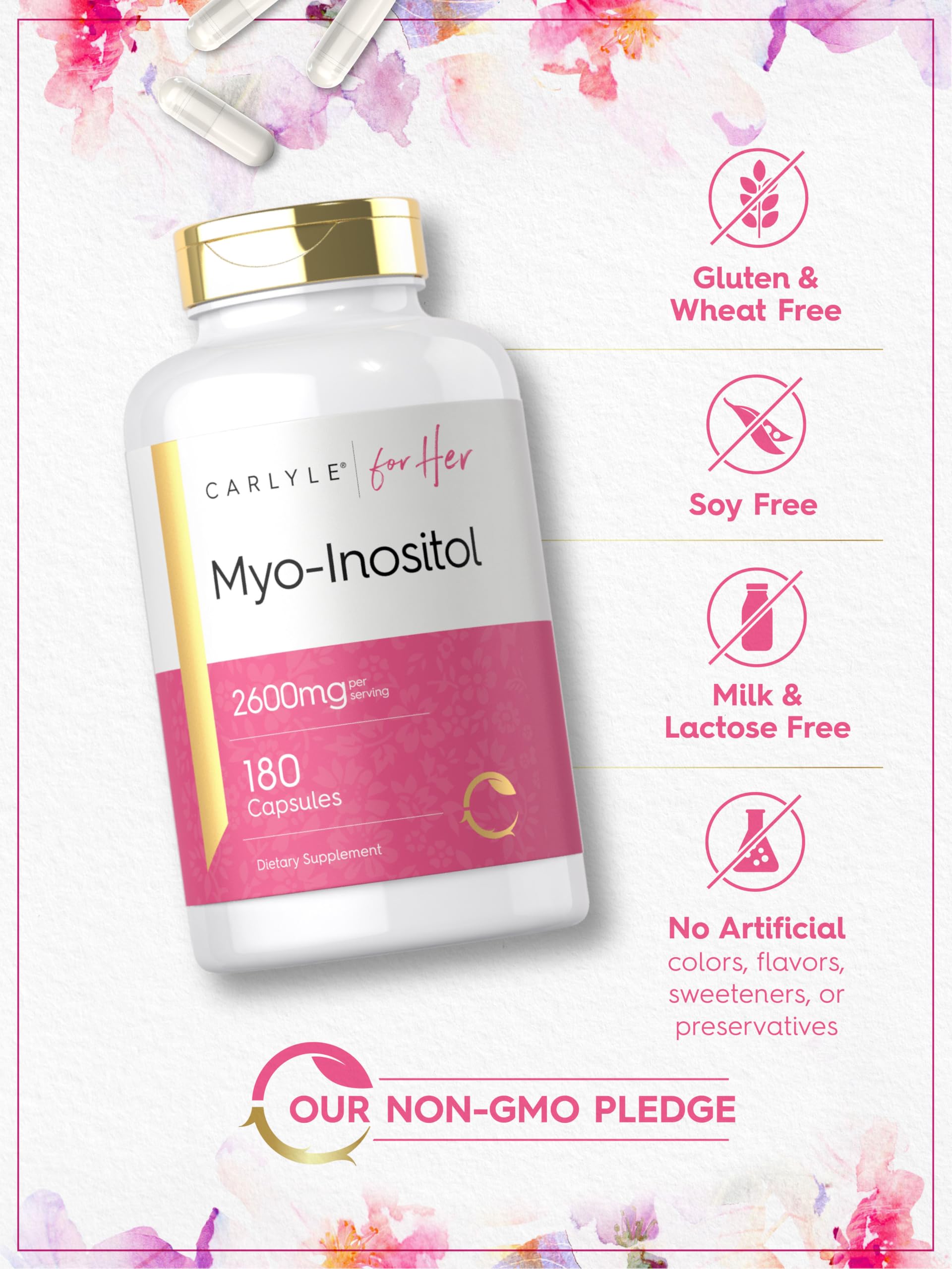 Gluten-free badge on Carlyle Myo-Inositol packaging.