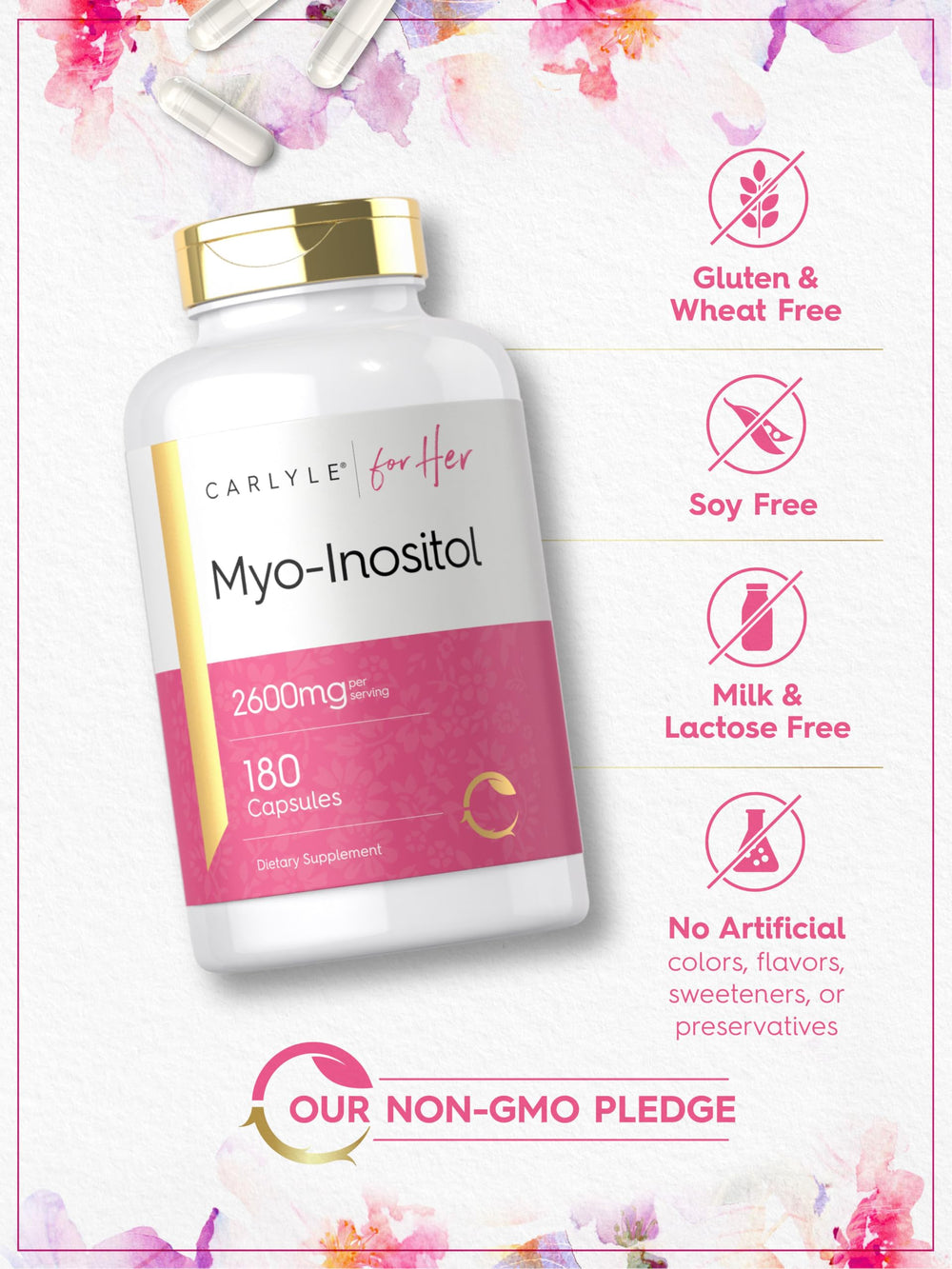 Gluten-free badge on Carlyle Myo-Inositol packaging.
