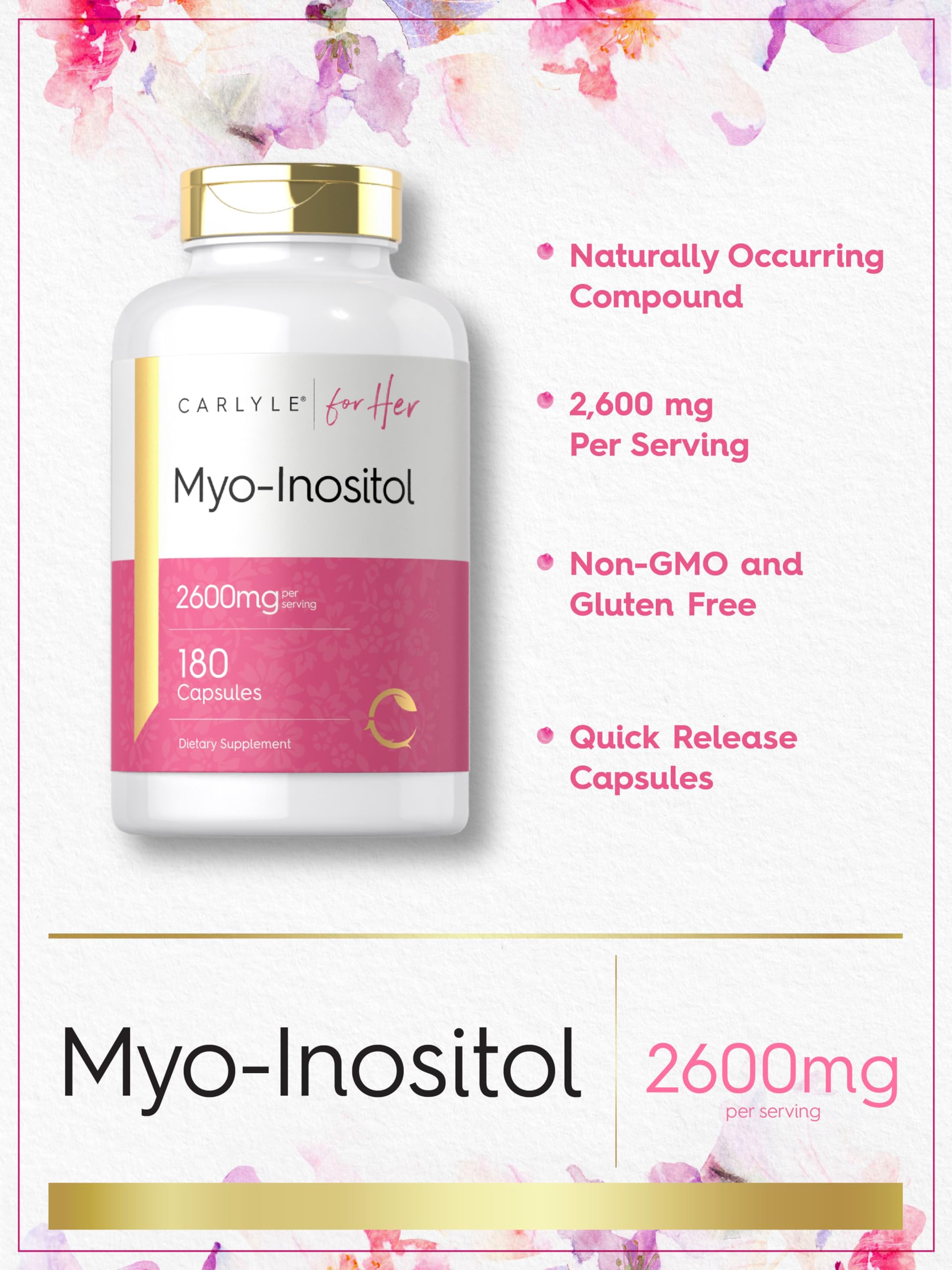 Nutrition label shows 2600mg per serving for Carlyle Myo-Inositol.