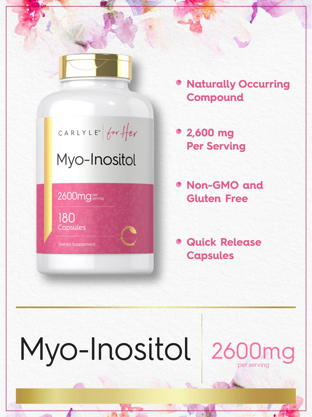 Nutrition label shows 2600mg per serving for Carlyle Myo-Inositol.