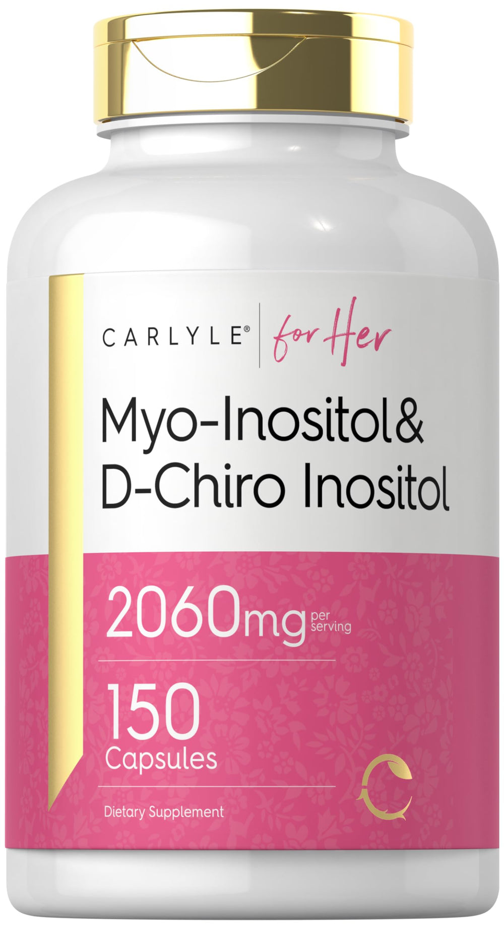 Carlyle Myo-Inositol and D-Chiro Inositol bottle shows 2060 mg complex for daily support.