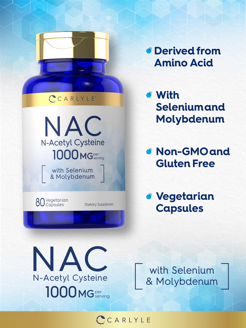 Carlyle NAC packaging noting gluten-free and non-GMO ingredients