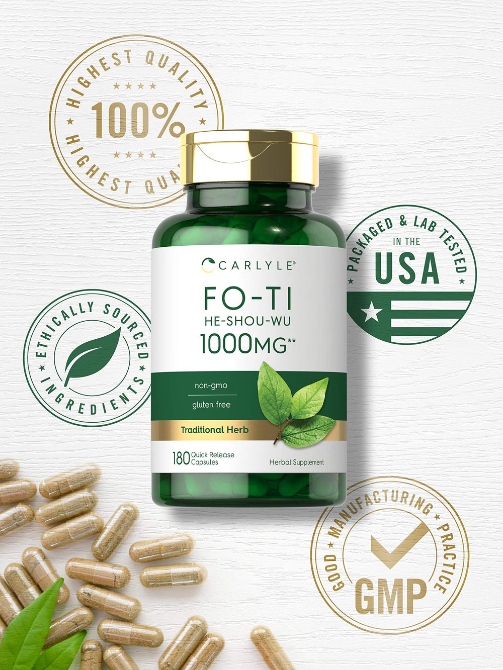 Non-GMO and gluten-free badge on Carlyle Fo-Ti packaging.