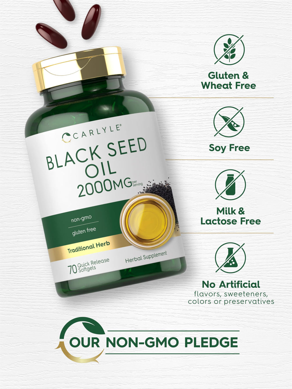 Carlyle label indicating non-GMO and gluten-free status.