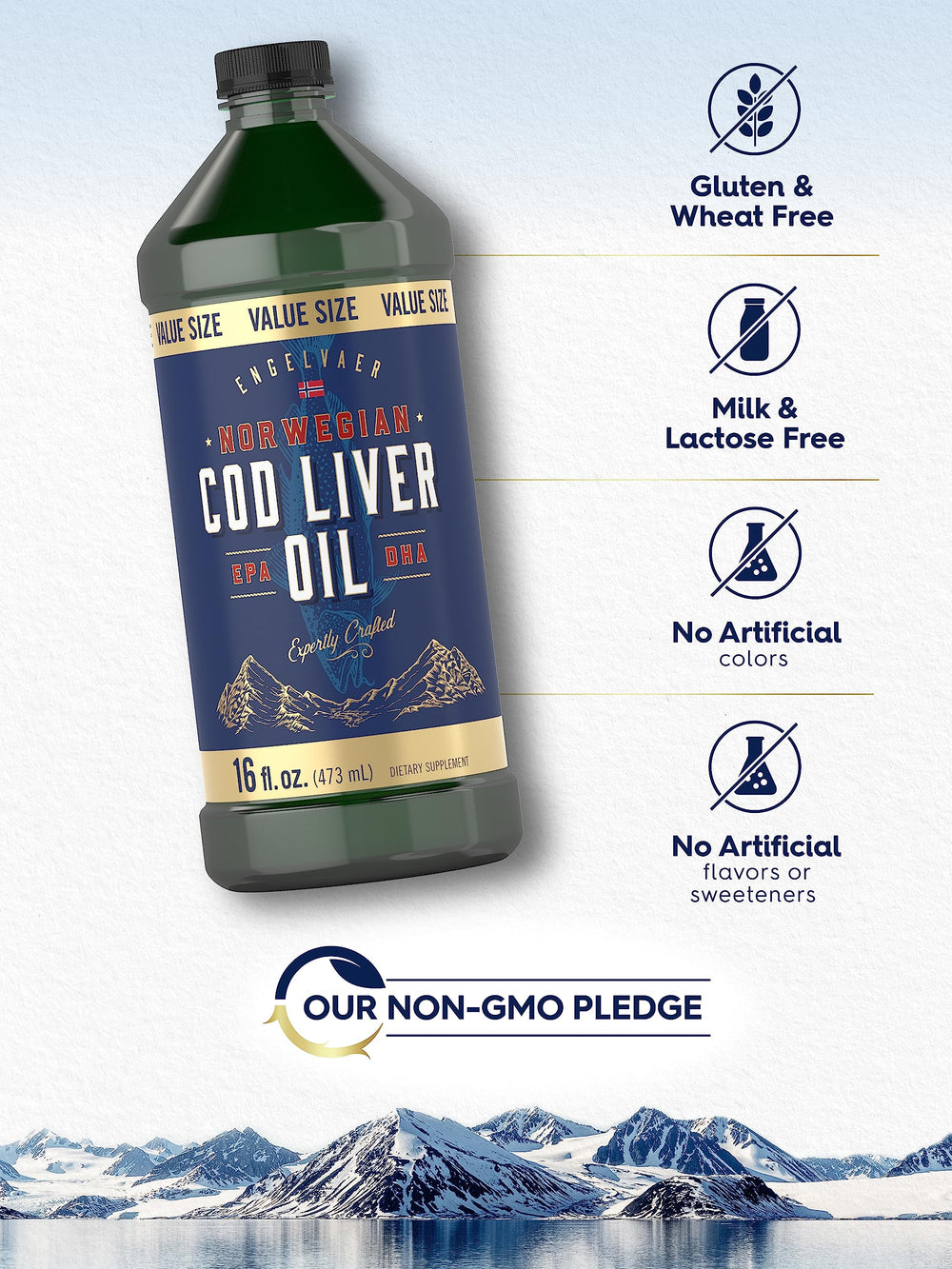 Carlyle brand Non-GMO gluten-free labeling on bottle