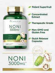 Carlyle Noni bottle with label detail, gluten-free and soy-free ingredients.