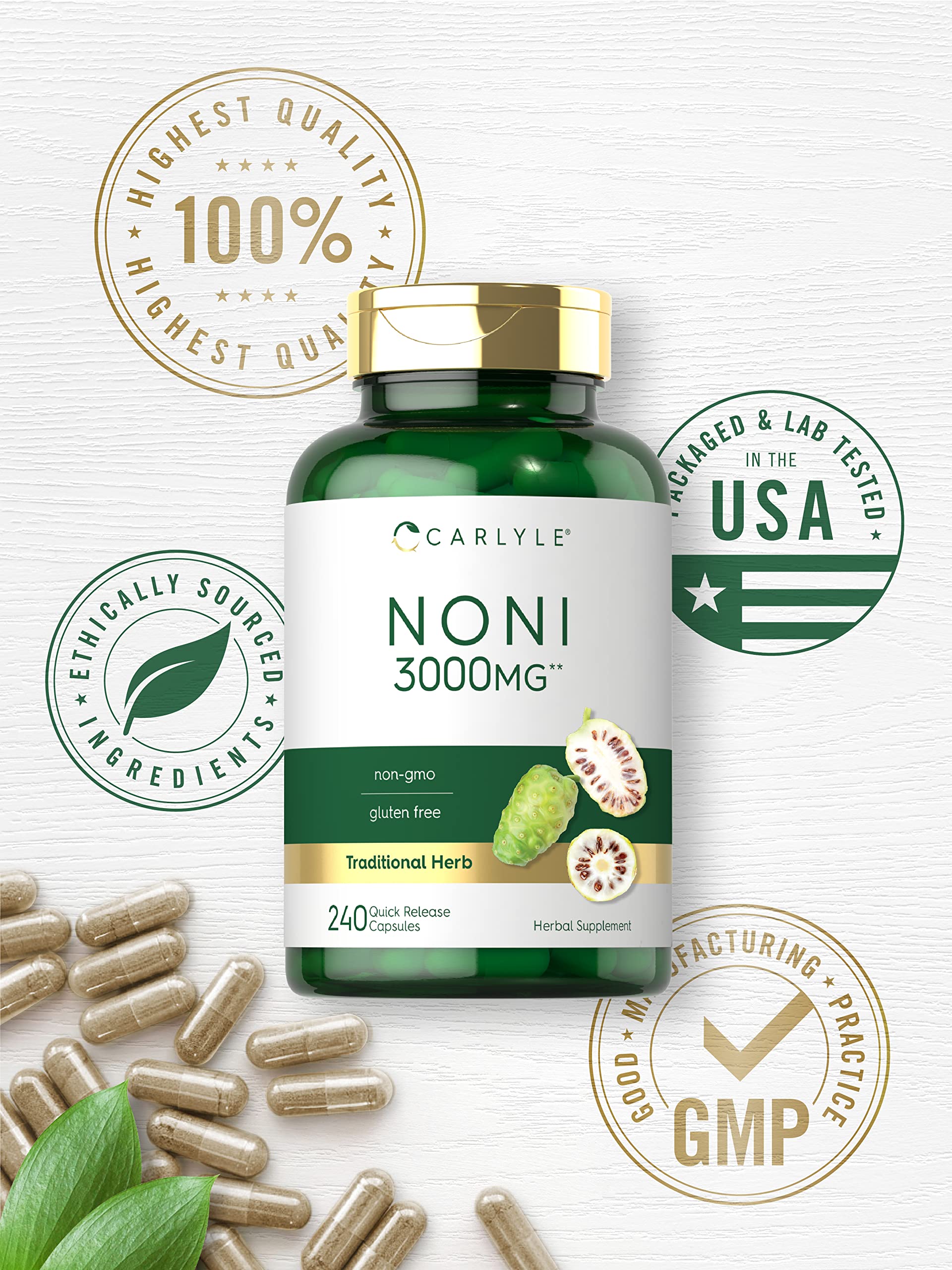 Carlyle Noni bottle on kitchen counter, supporting a simple wellness routine.