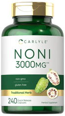 Carlyle Noni fruit capsules packaging front view, premium non-GMO formulation.