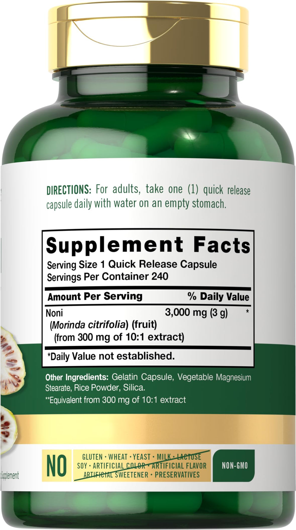 Carlyle Noni fruit capsules close-up, convenient daily supplement.