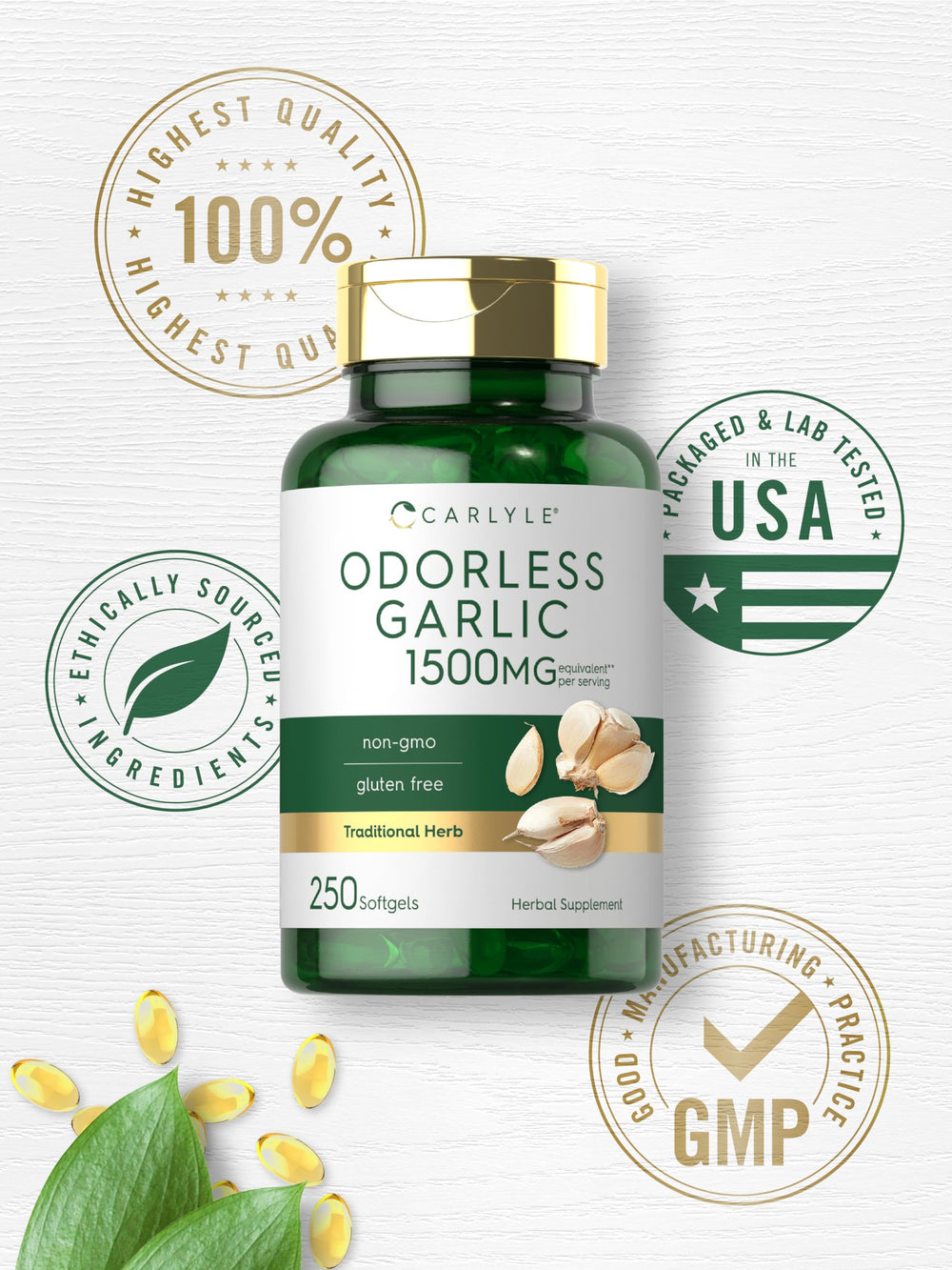 Carlyle Odorless Garlic Softgels close-up capsule and quick-release design