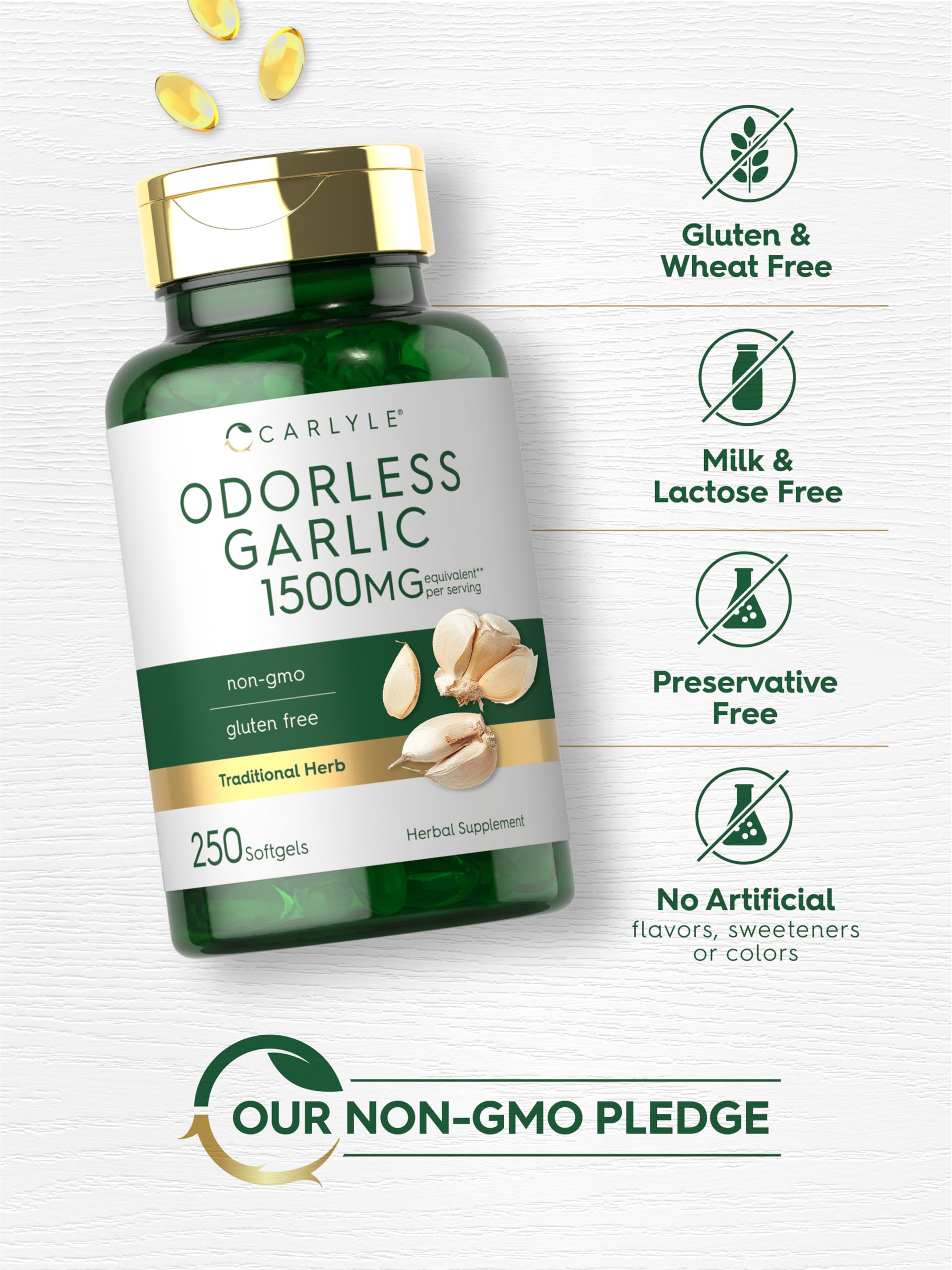 Carlyle Odorless Garlic Softgels bottle poured to reveal softgels