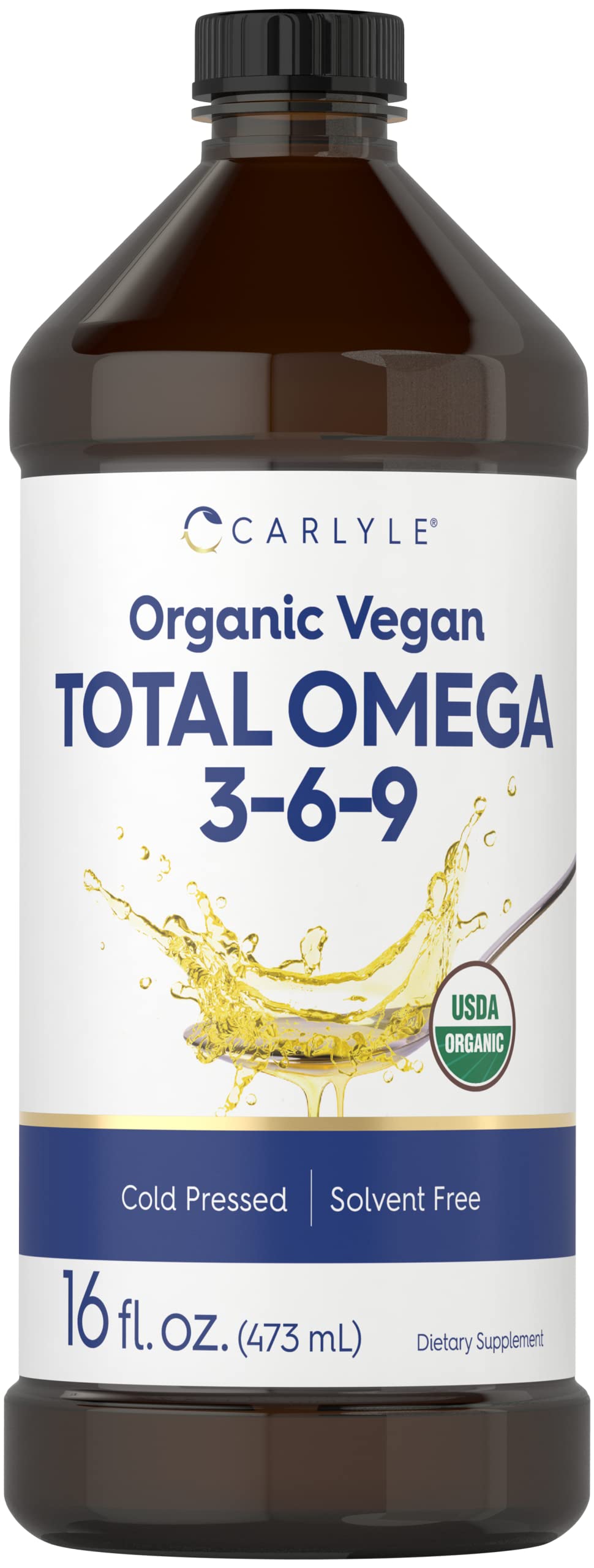 Carlyle Omega 3 6 9 bottle shows premium cold-pressed liquid formula for daily wellness