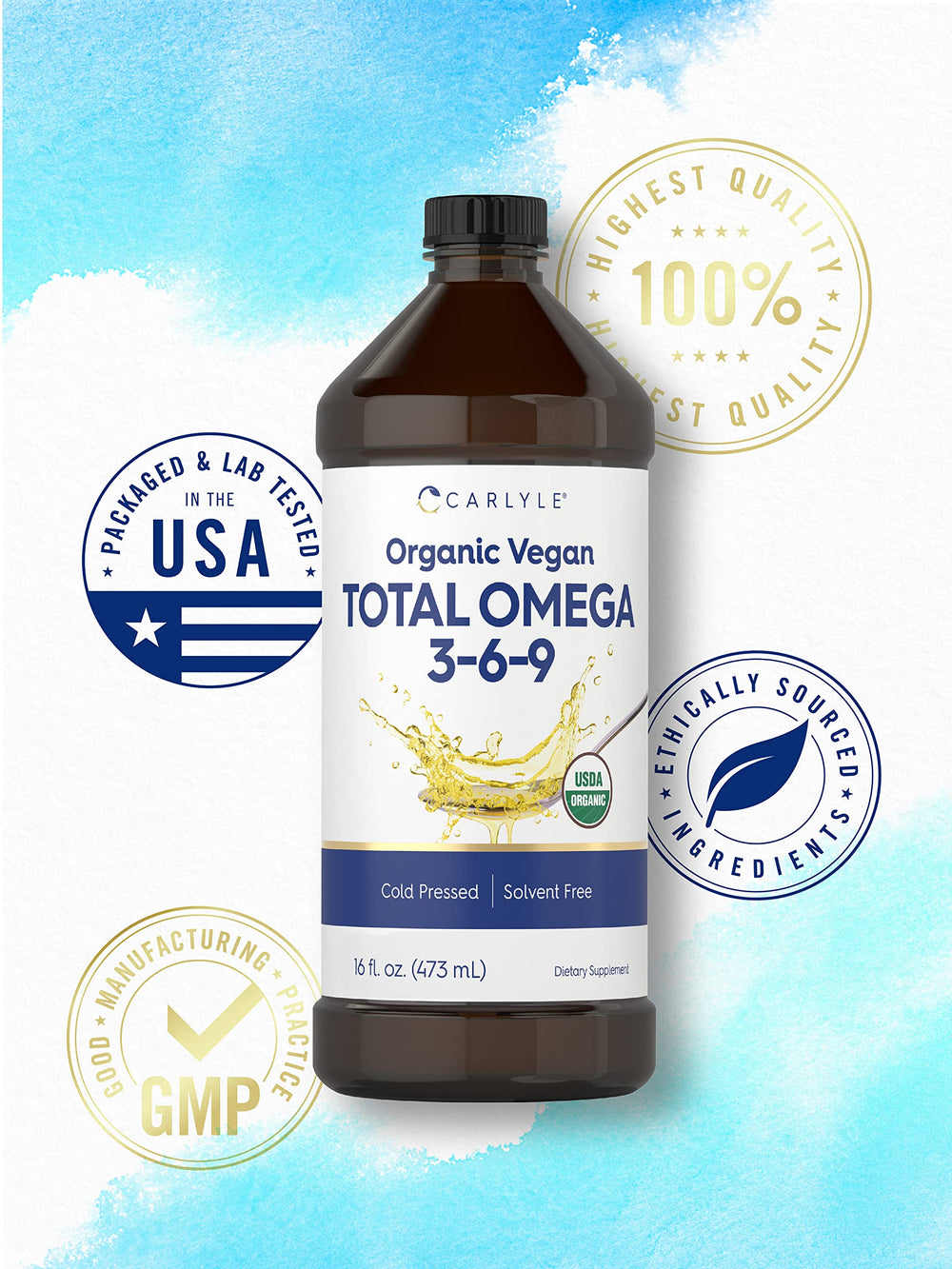 Carlyle Omega 3 6 9 front bottle shows branding and product benefits