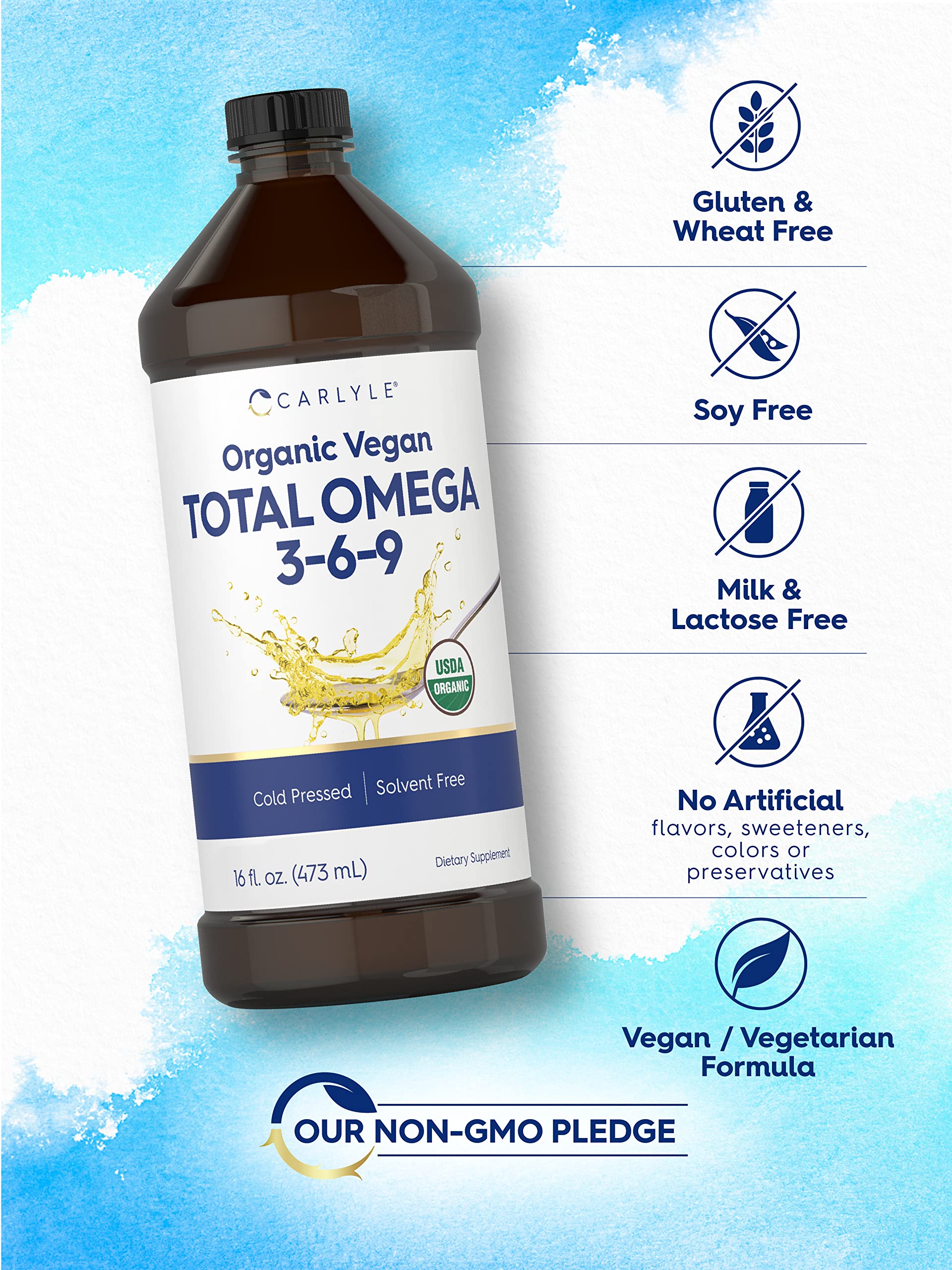 Carlyle Omega 3 6 9 label close-up emphasizes organic, non-GMO ingredients
