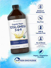 Carlyle Omega 3 6 9 label close-up emphasizes organic, non-GMO ingredients