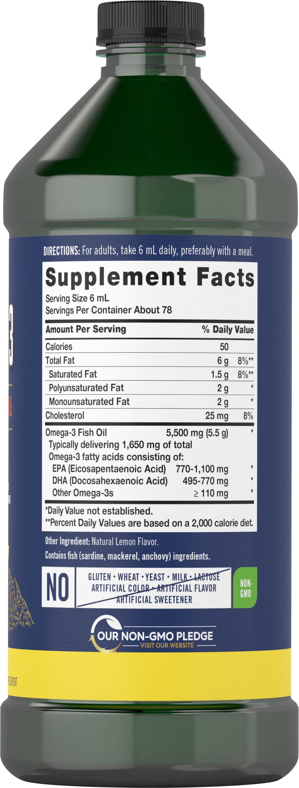 Carlyle Omega-3 Fish Oil Liquid label close-up shows purity and lemon flavor.
