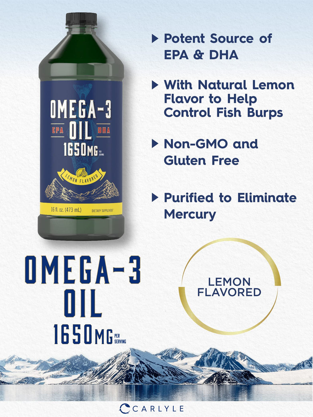Carlyle Omega-3 Fish Oil Liquid nutrition panel aids informed supplement choices.