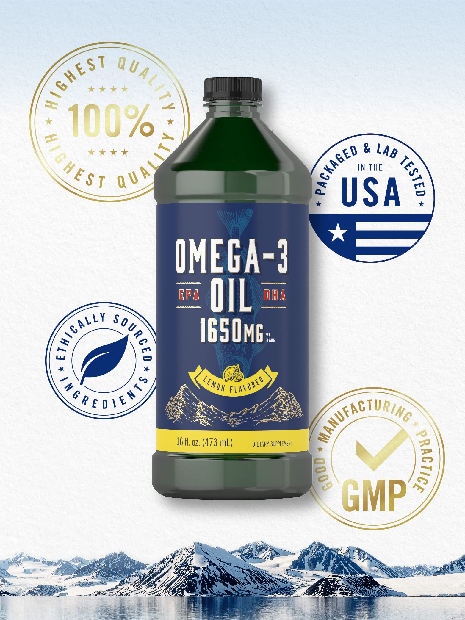 Carlyle Omega-3 Fish Oil Liquid packaging highlights gluten-free and non-GMO benefits.