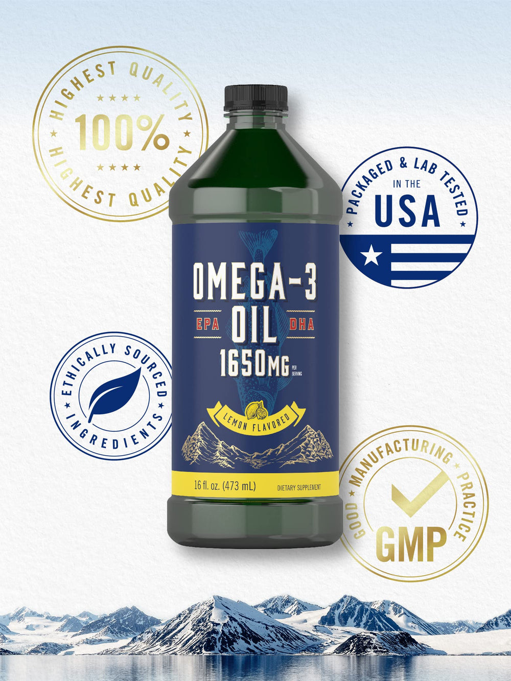 Carlyle Omega-3 Fish Oil Liquid packaging highlights gluten-free and non-GMO benefits.