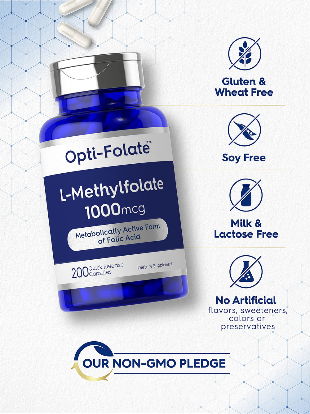 Carlyle Opti-Folate bottle sideview underscores purity and potency