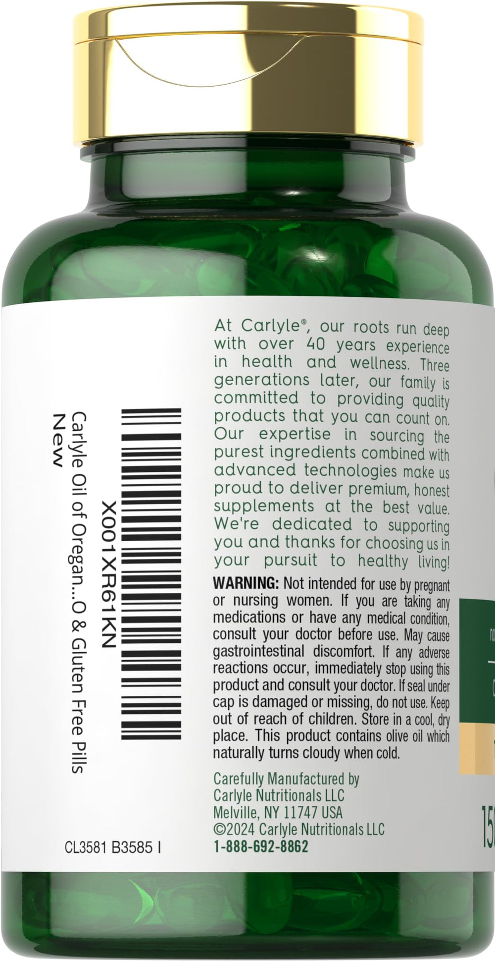 Carlyle Oregano Oil carvacrol content highlighted on label.