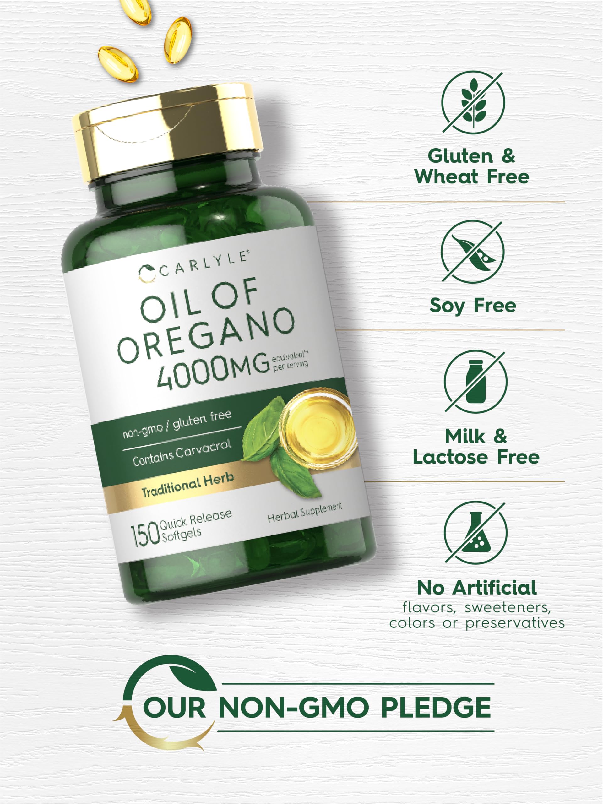 Carlyle Oregano Oil gluten-free, non-GMO label communicates clean ingredients for healthy living