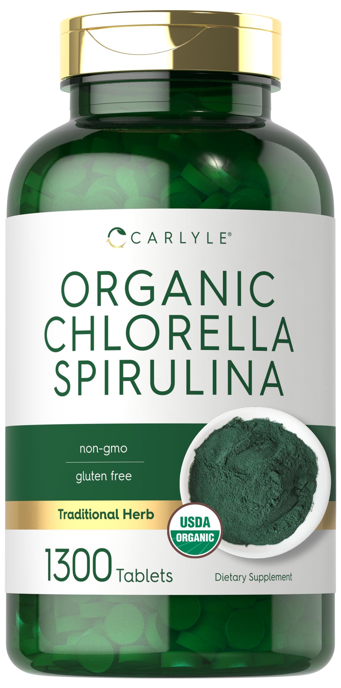 Carlyle Organic Chlorella Spirulina tablets in bottle for easy daily nutrition