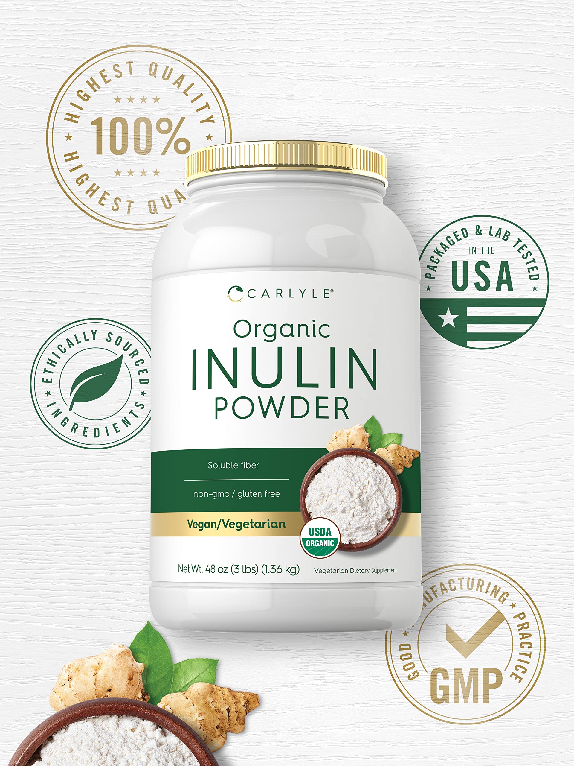 Carlyle Organic Inulin Powder bottle label emphasizes vegan and gluten-free formula