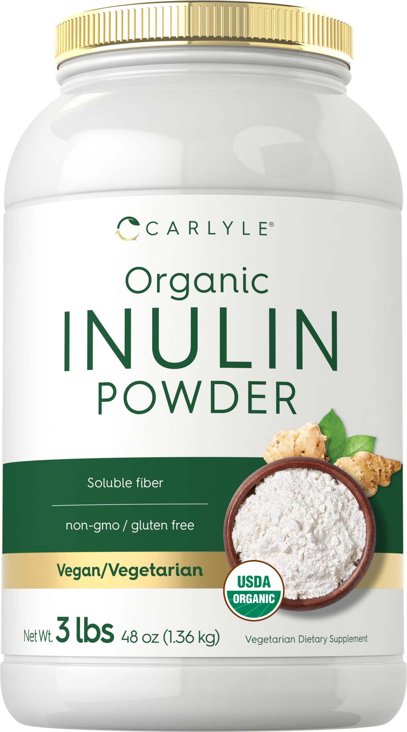 Carlyle Organic Inulin Powder packaging highlighting organic origin and gut-friendly fiber