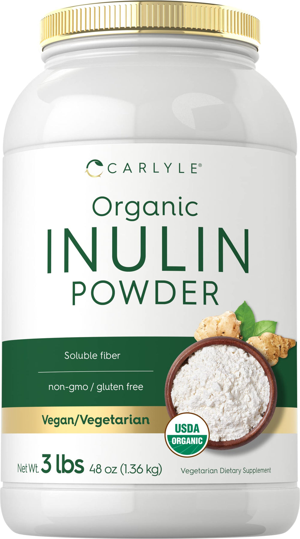 Carlyle Organic Inulin Powder packaging highlighting organic origin and gut-friendly fiber