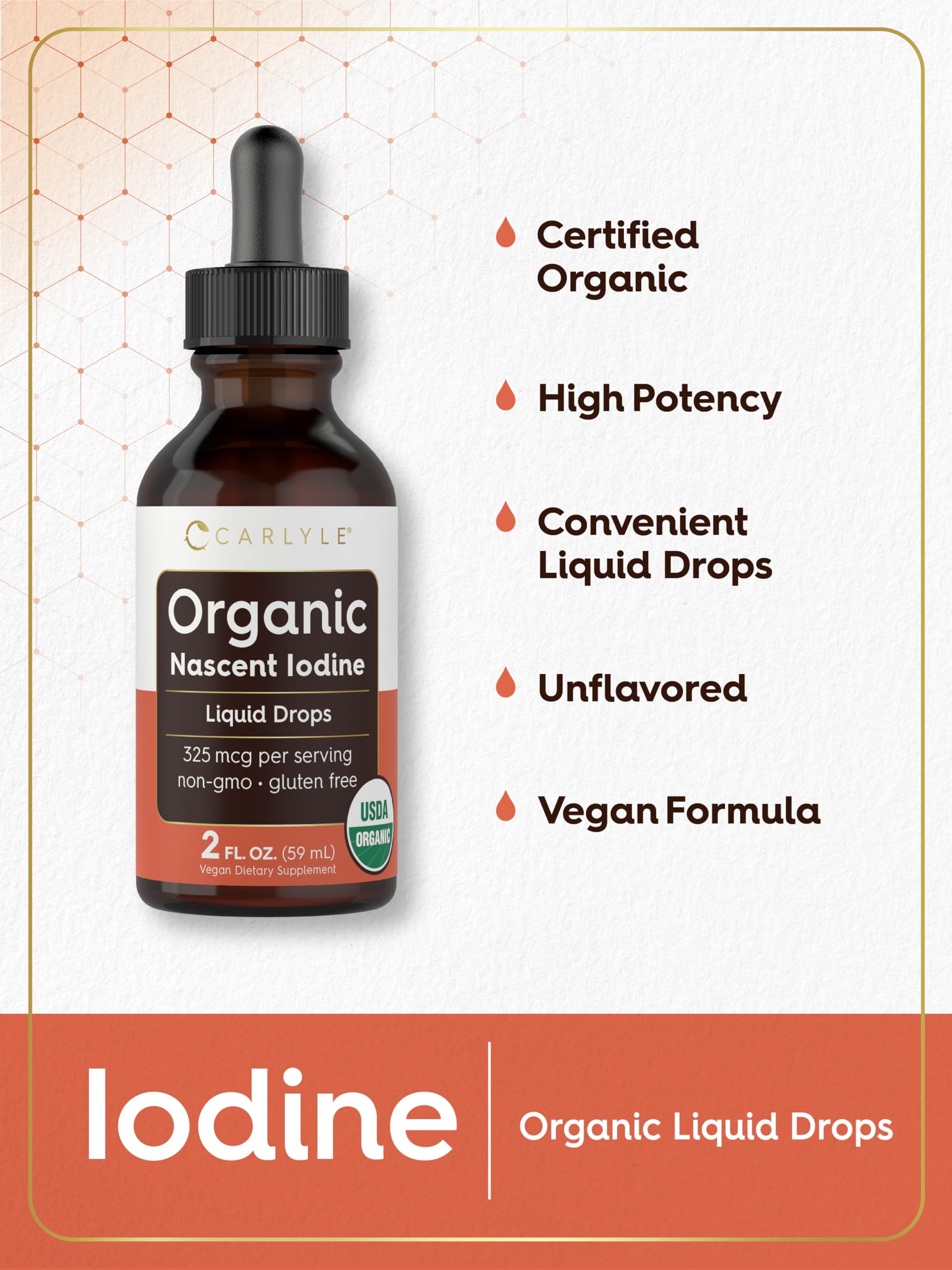 Carlyle Organic Iodine ingredients label highlights vegan non-GMO gluten-free origin