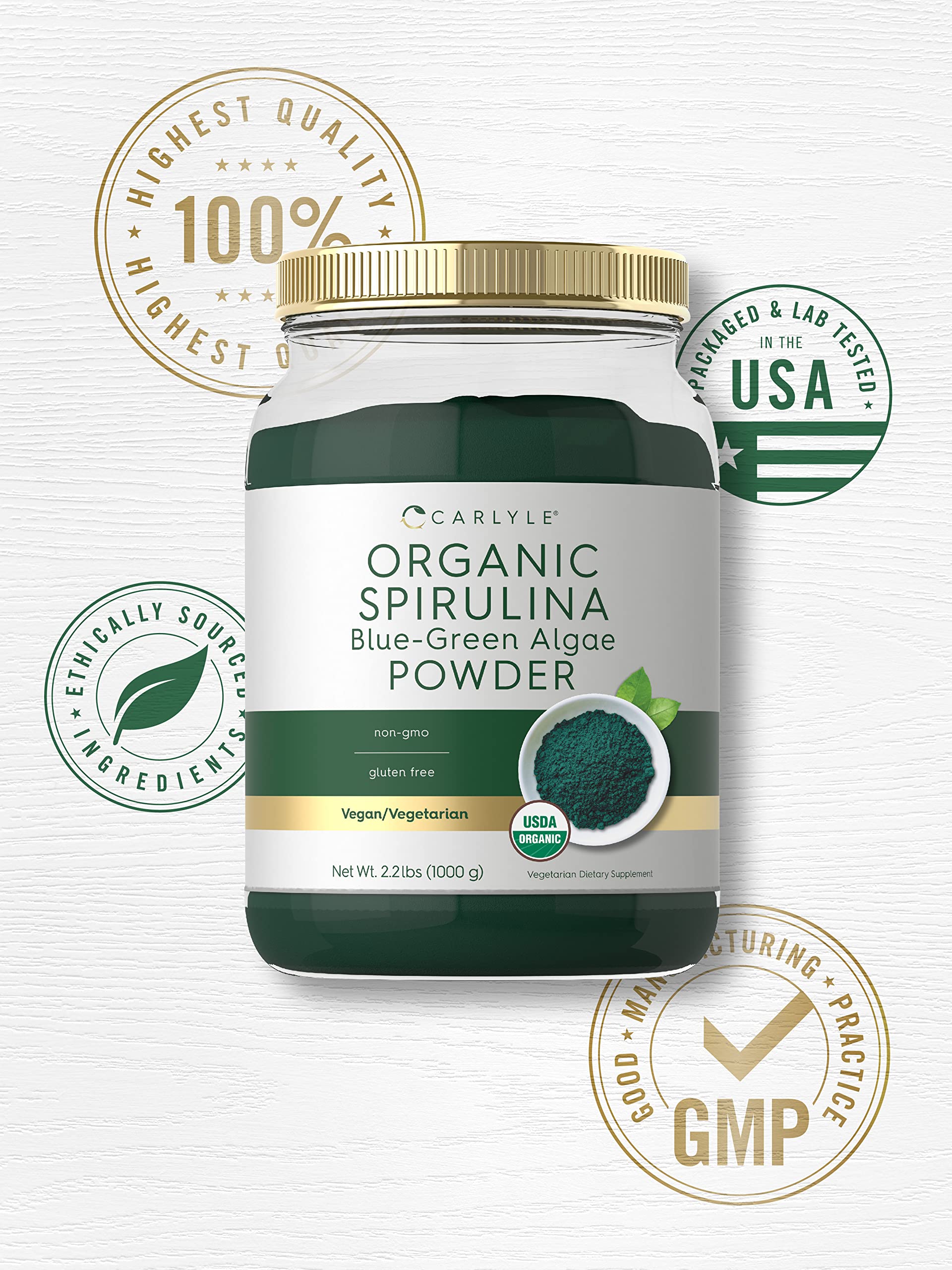 Close-up of Carlyle organic spirulina bottle emphasizing purity.