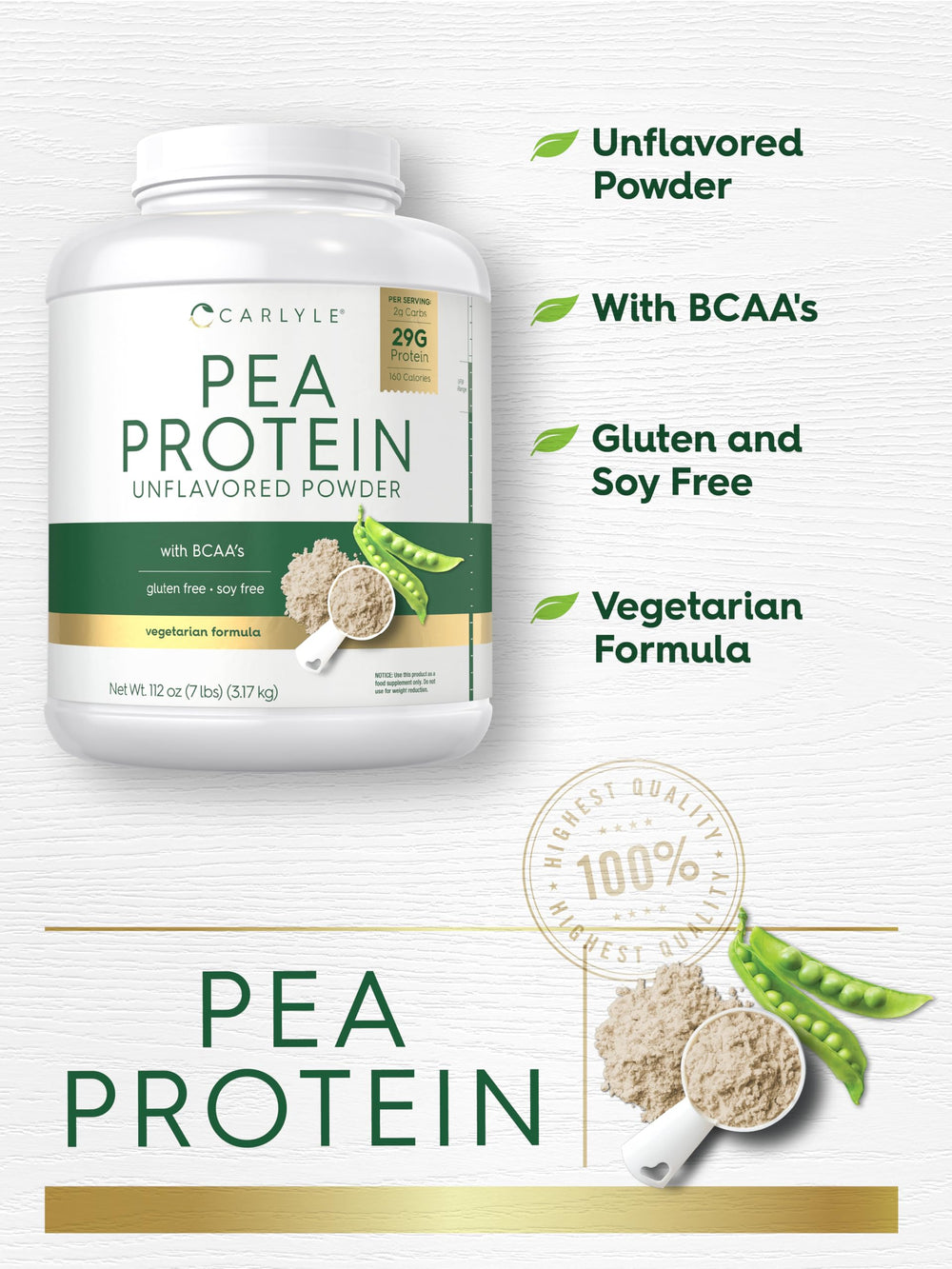 Carlyle unflavored pea protein powder clearly shows versatile, clean ingredient profile.
