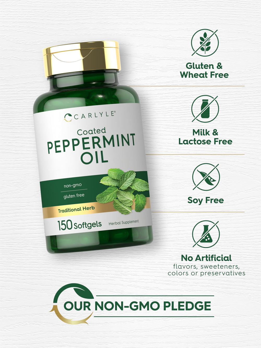 Carlyle Peppermint Oil Capsules on a clean countertop with fresh mint leaves.